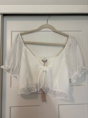 BCBGeneration White Swiss Dot Tie-Front Crop Top